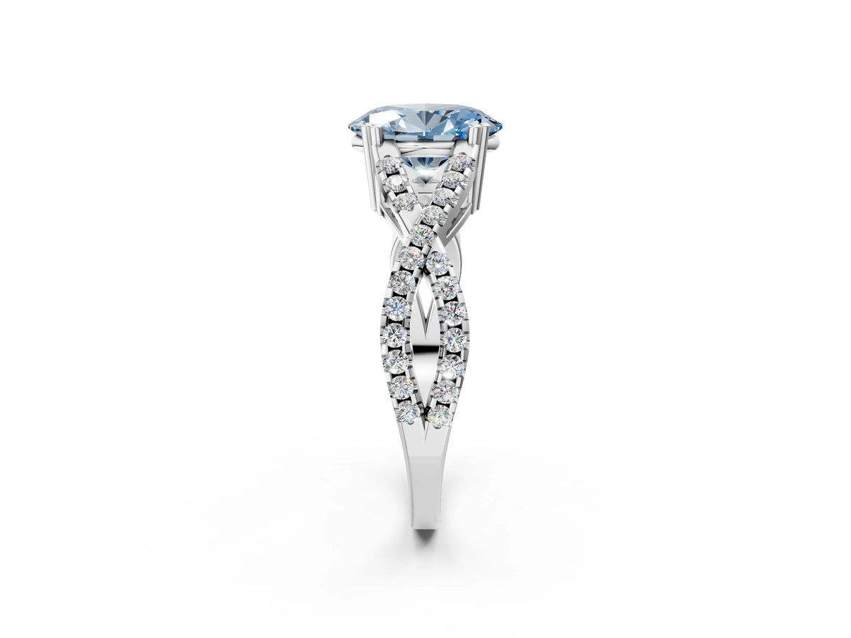 Fancy Blue Oval Cut Diamond Solitaire Ring in Platinum with Interwoven Pavé Band and Prong Setting_8