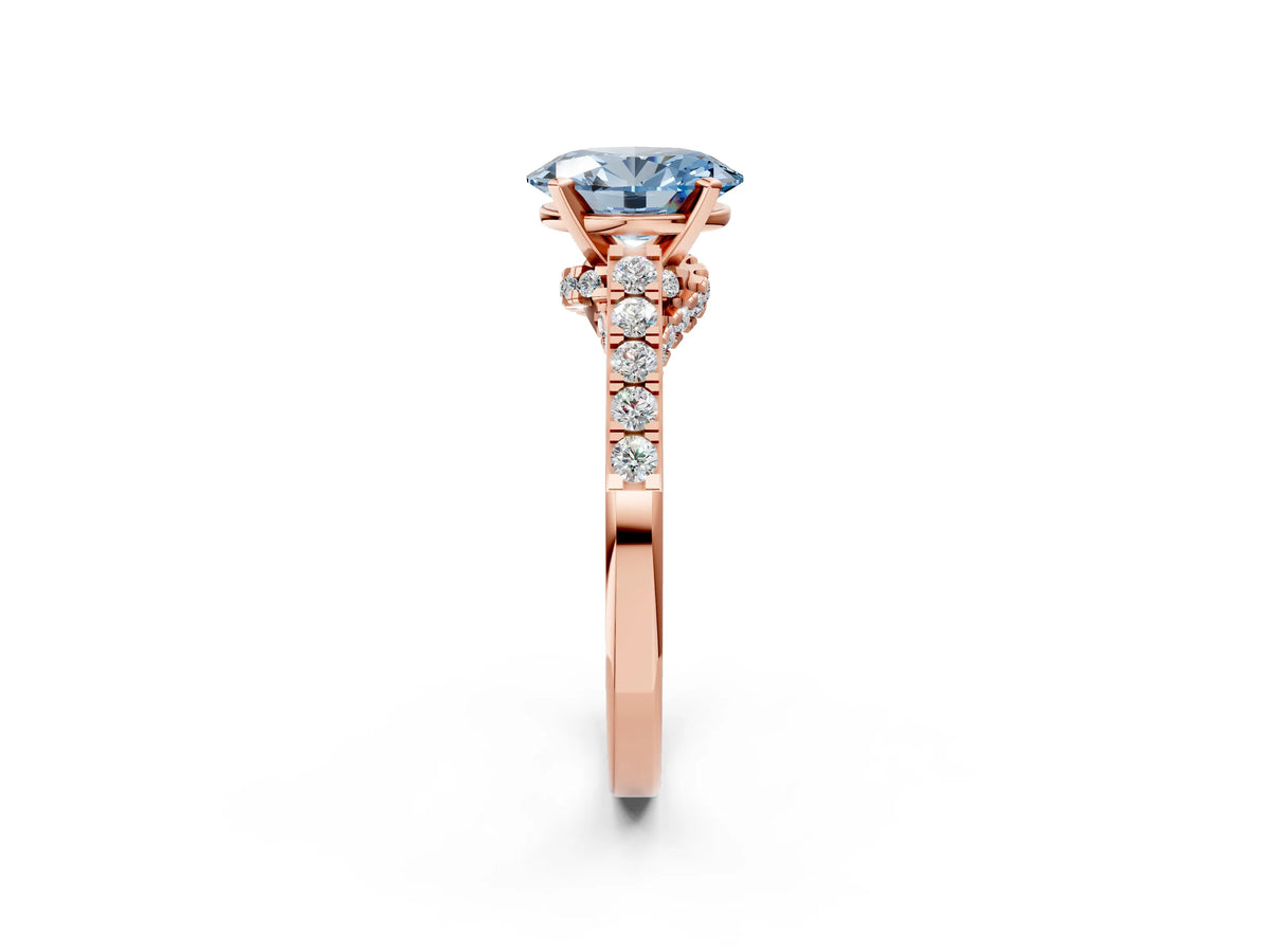Fancy Blue Oval Cut Diamond Solitaire Ring in Rose gold with Crossover Gallery and Round Pavé Band_2