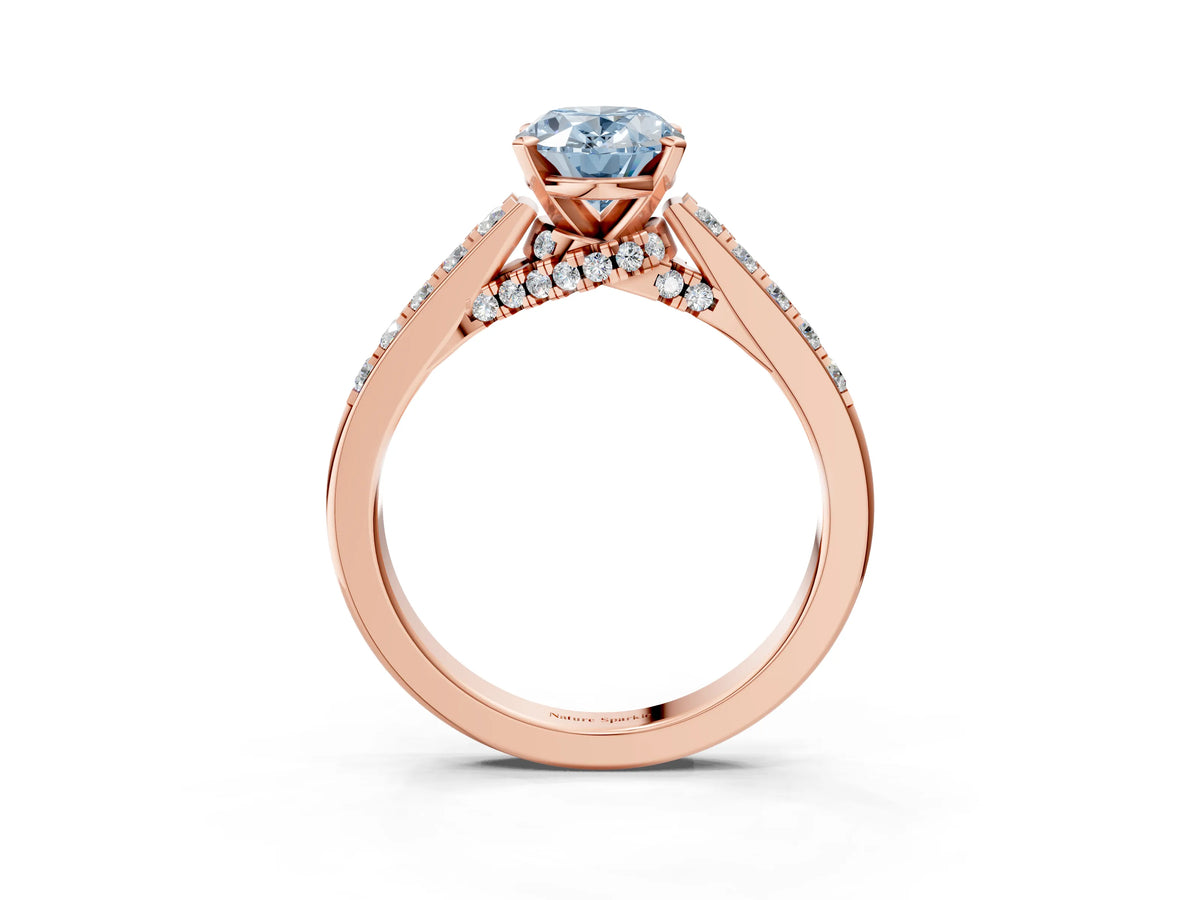 Fancy Blue Oval Cut Diamond Solitaire Ring in Rose gold with Crossover Gallery and Round Pavé Band_3