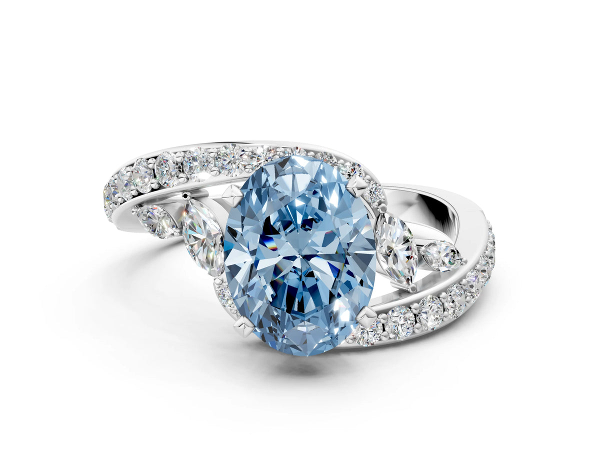 Fancy Blue Oval Cut Diamond Solitaire Ring in Silver with Pavé Twist Band and Prong Setting_6