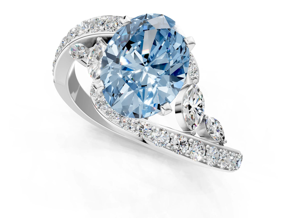 Fancy Blue Oval Cut Diamond Solitaire Ring in White gold with Pavé Twist Band and Prong Setting_1