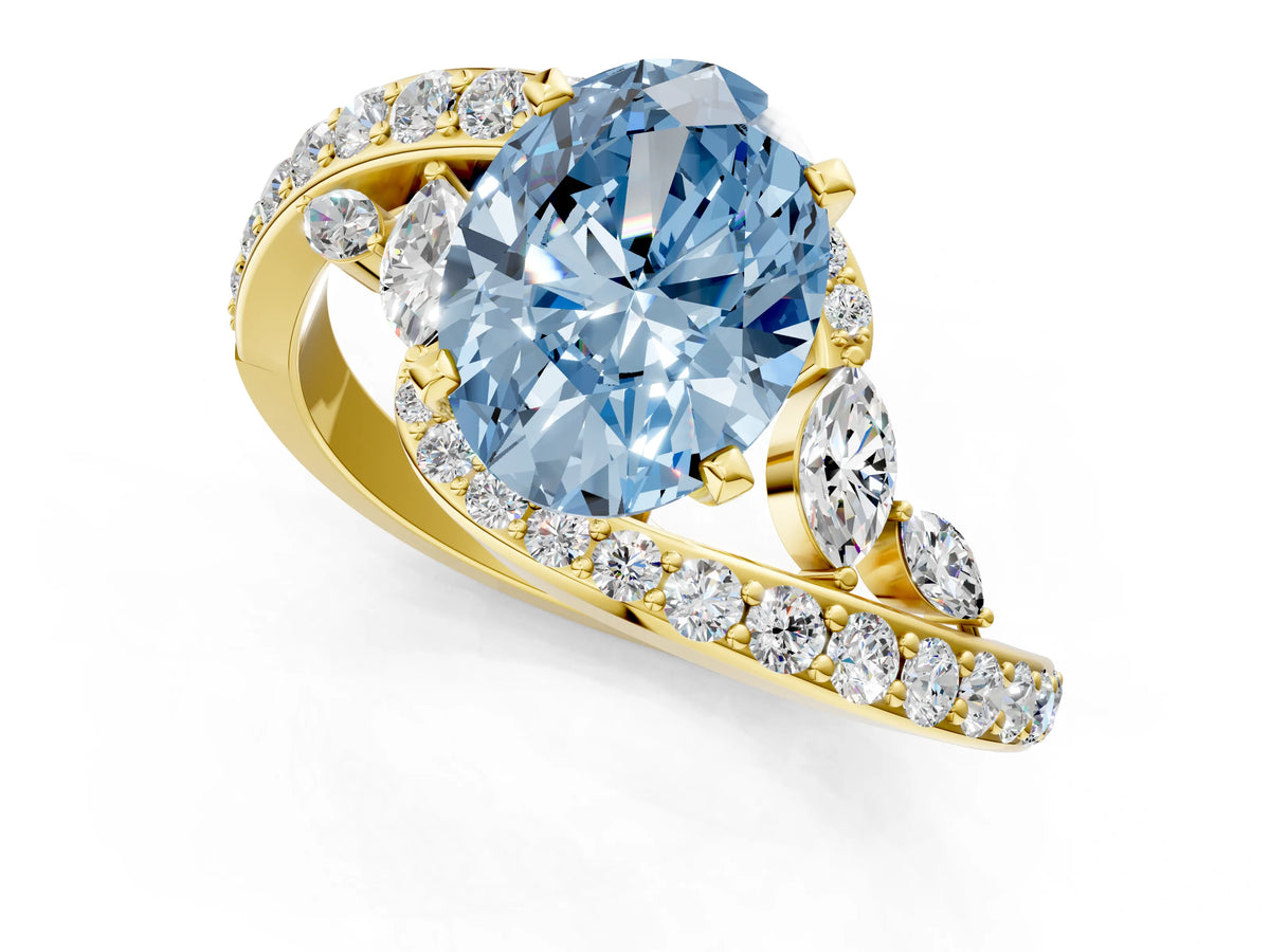 Fancy Blue Oval Cut Diamond Solitaire Ring in Yellow gold with Pavé Twist Band and Prong Setting_1