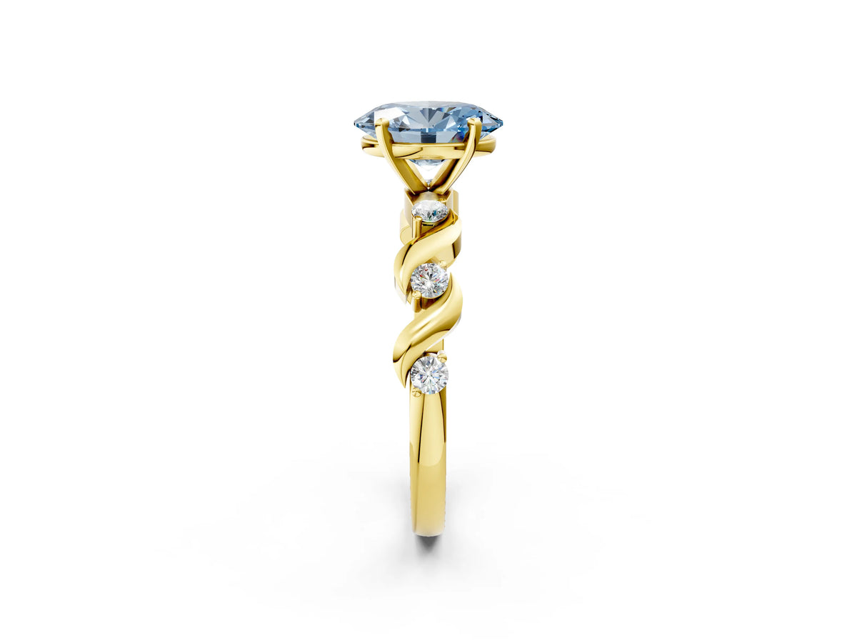 Fancy Blue Oval Cut Diamond Solitaire Ring in Yellow gold with Twisted Ribbon Band and Round Accents_2