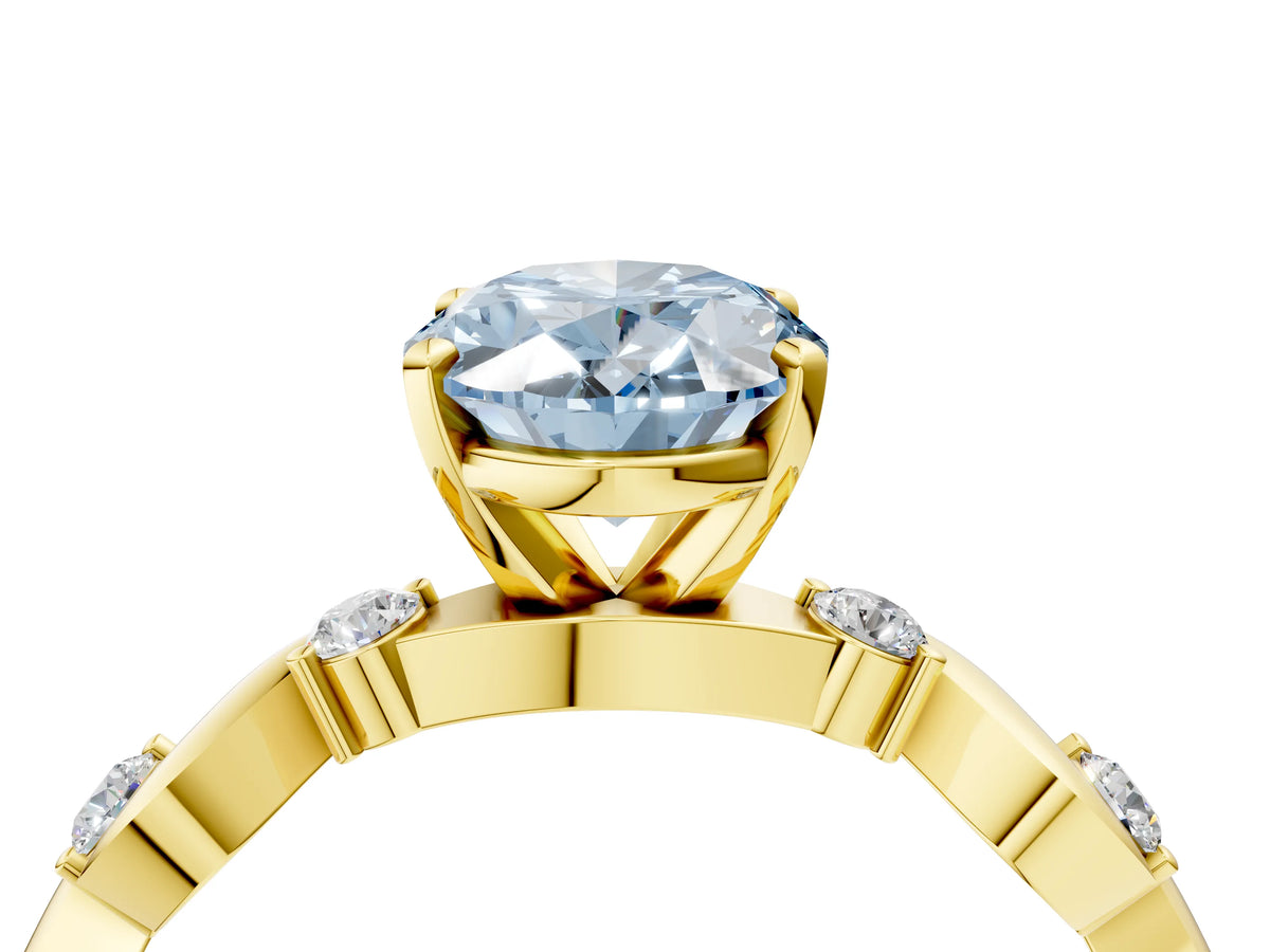 Fancy Blue Oval Cut Diamond Solitaire Ring in Yellow gold with Twisted Ribbon Band and Round Accents_4