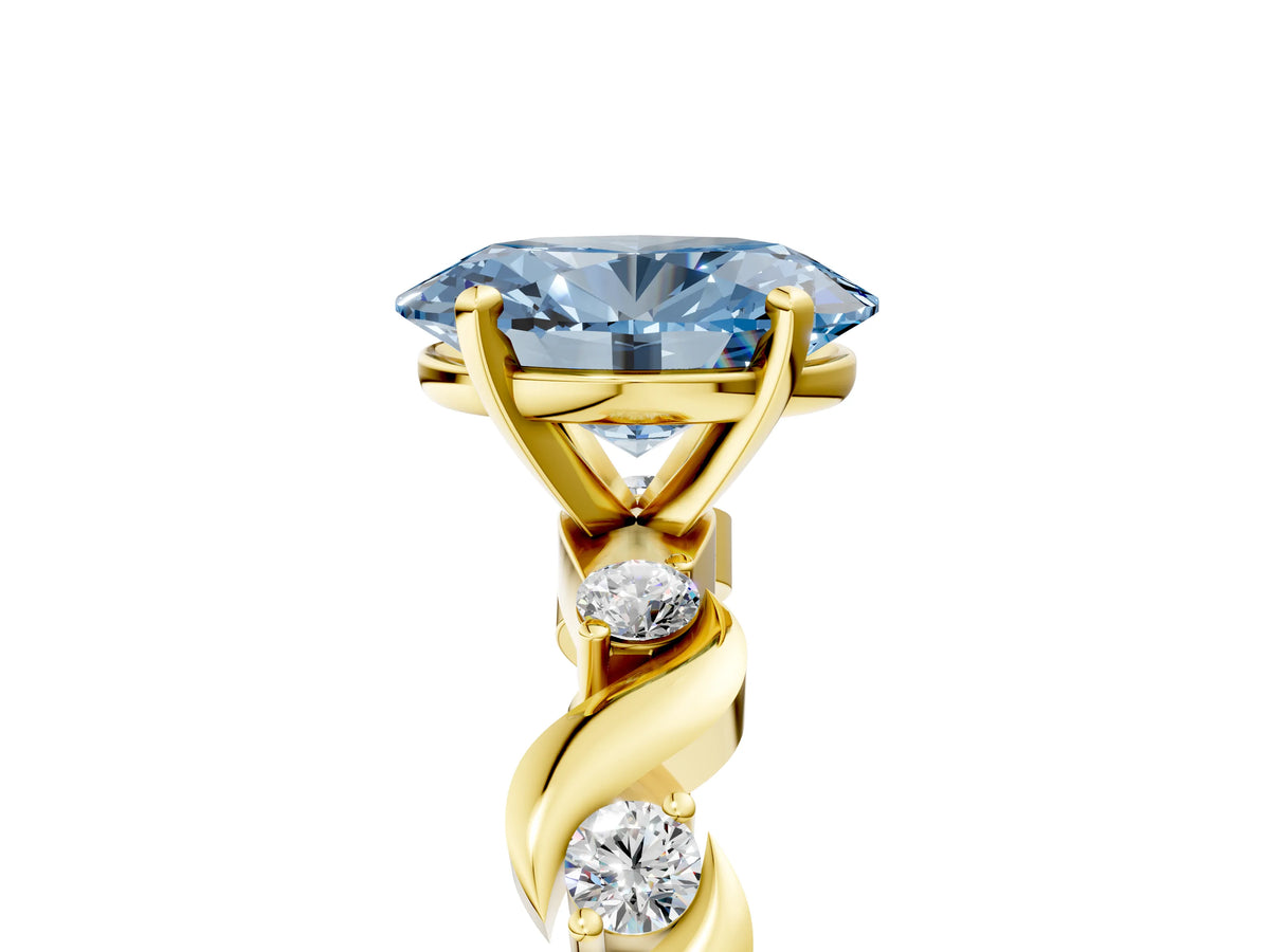 Fancy Blue Oval Cut Diamond Solitaire Ring in Yellow gold with Twisted Ribbon Band and Round Accents_5