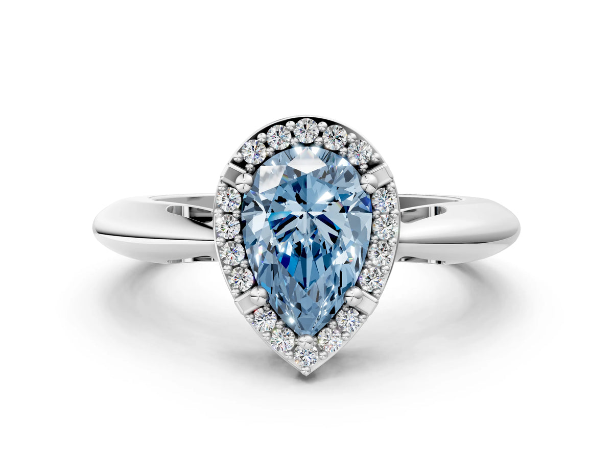 Fancy Blue Pear Cut Diamond Halo Engagement Ring in White gold with Plain Split Shank and Prong Setting
