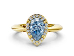 Fancy Blue Pear Cut Diamond Halo Engagement Ring in Yellow gold with Plain Split Shank and Prong Setting
