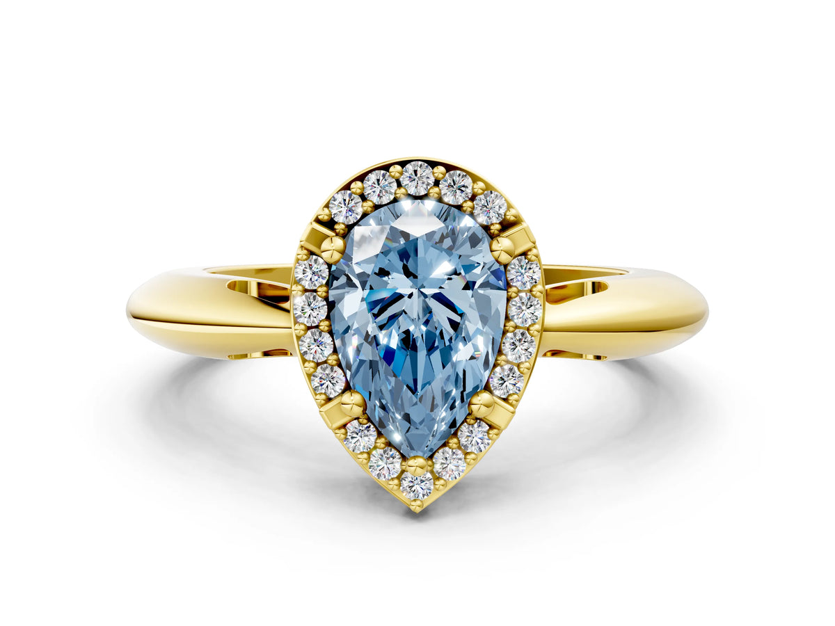Fancy Blue Pear Cut Diamond Halo Engagement Ring in Yellow gold with Plain Split Shank and Prong Setting