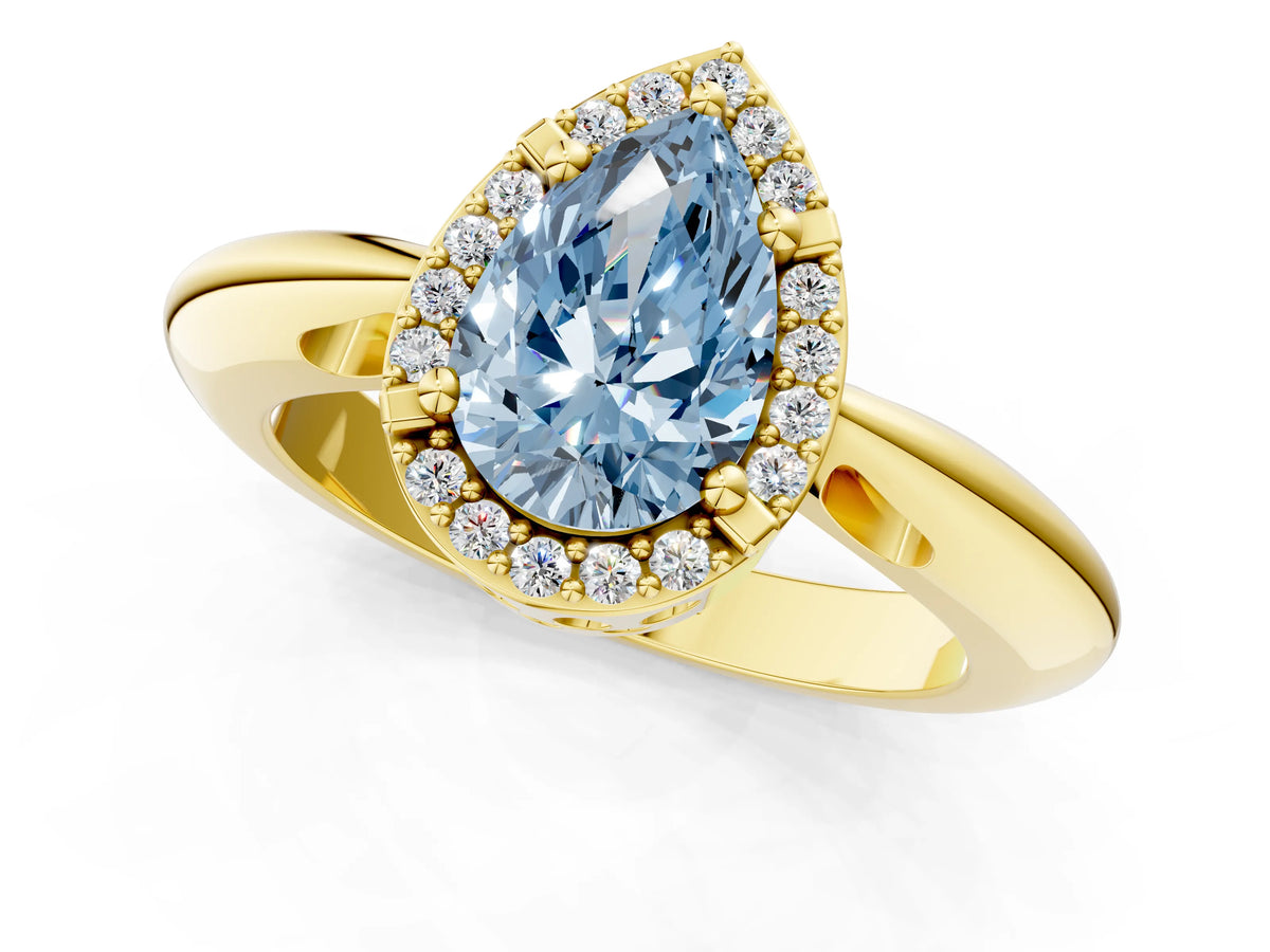 Fancy Blue Pear Cut Diamond Halo Engagement Ring in Yellow gold with Plain Split Shank and Prong Setting_1