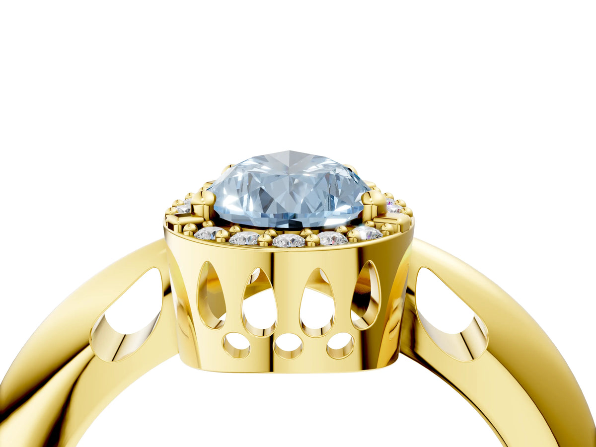 Fancy Blue Pear Cut Diamond Halo Engagement Ring in Yellow gold with Plain Split Shank and Prong Setting_4