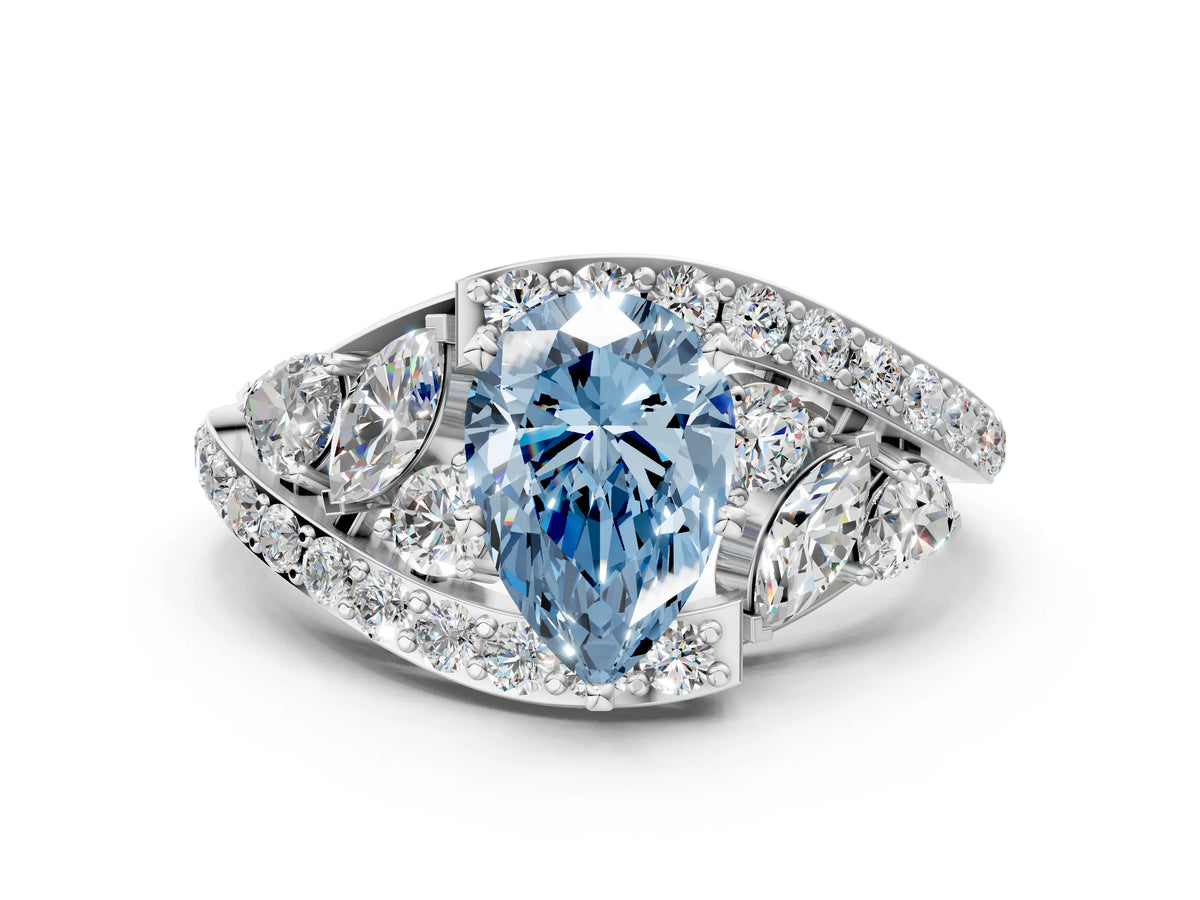 Fancy Blue Pear Cut Diamond Halo Ring in Platinum with Marquise and Pavé Band in Prong Setting_12
