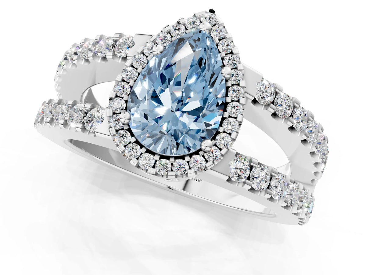 Fancy Blue Pear Cut Diamond Halo Ring in Platinum with Split Shank Band and Prong Setting_13