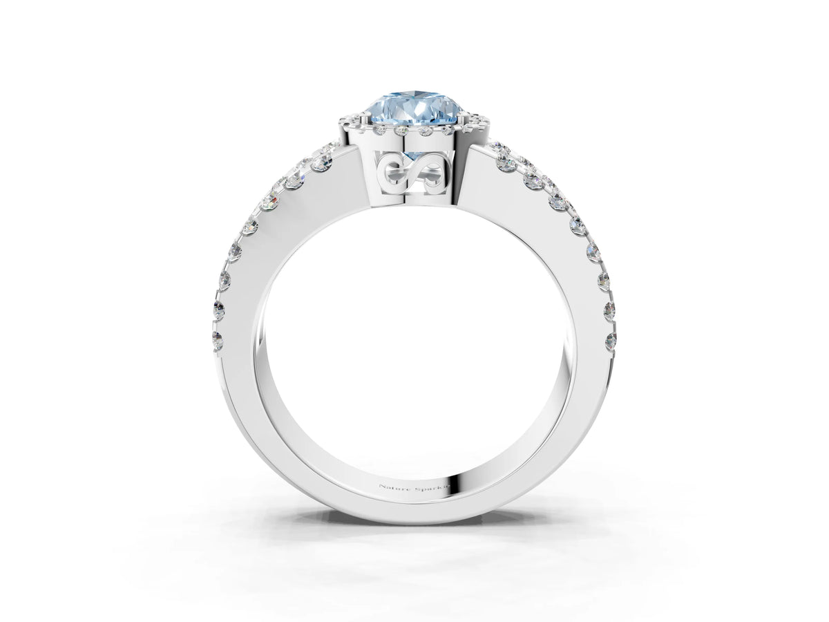 Fancy Blue Pear Cut Diamond Halo Ring in Platinum with Split Shank Band and Prong Setting_15