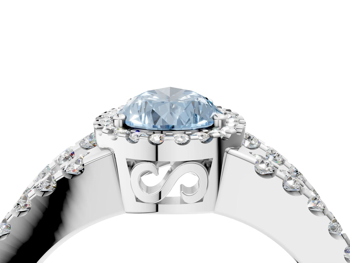 Fancy Blue Pear Cut Diamond Halo Ring in Platinum with Split Shank Band and Prong Setting_16