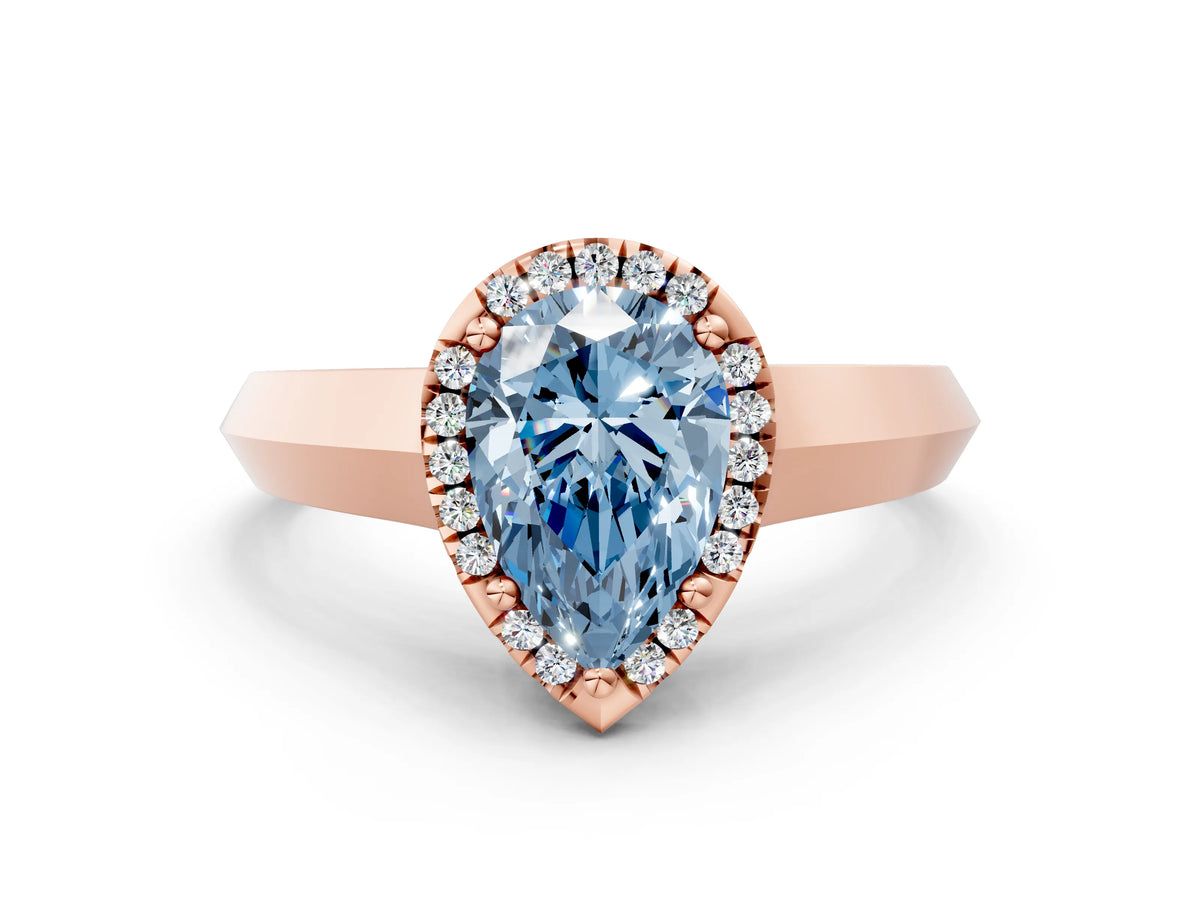 Fancy Blue Pear Cut Diamond Halo Ring in Rose gold with Cathedral Band and Prong Setting