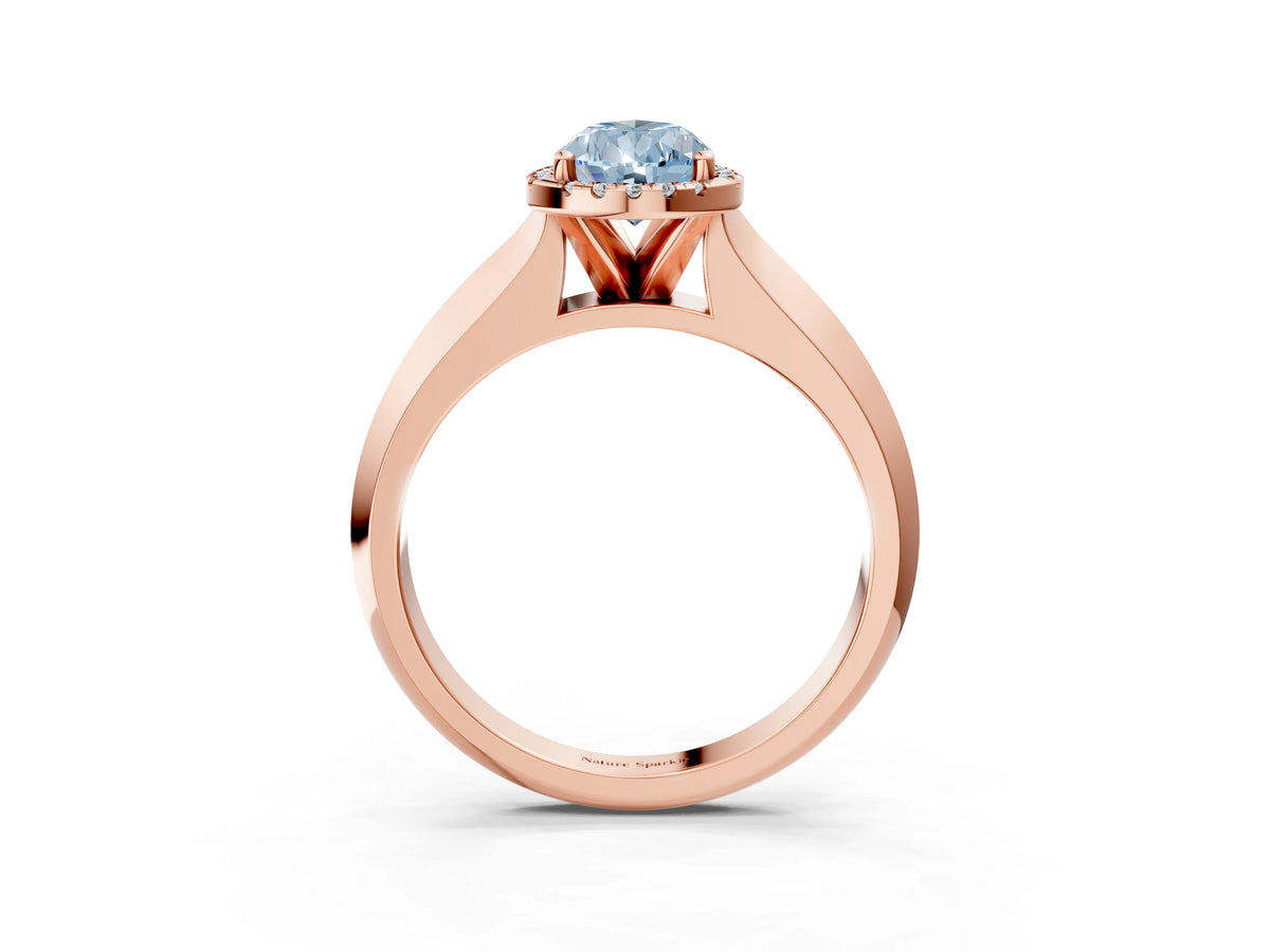 Fancy Blue Pear Cut Diamond Halo Ring in Rose gold with Cathedral Band and Prong Setting_3