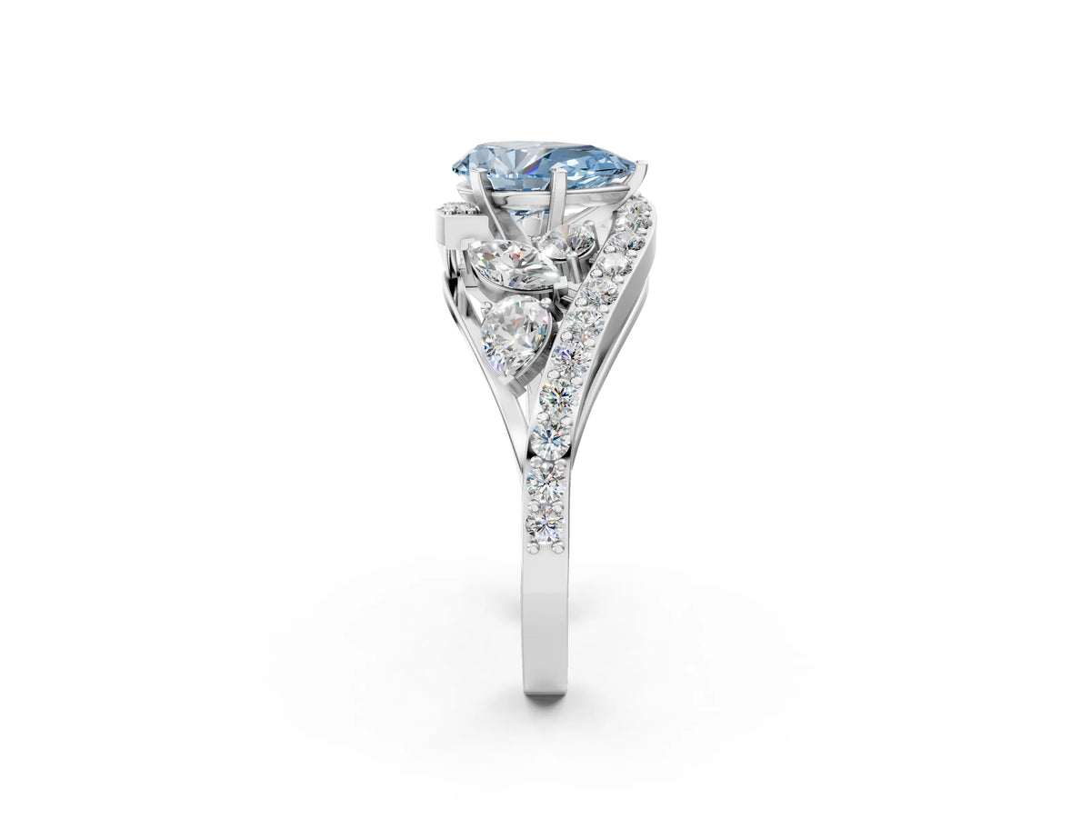Fancy Blue Pear Cut Diamond Halo Ring in White gold with Marquise and Pavé Band in Prong Setting_2
