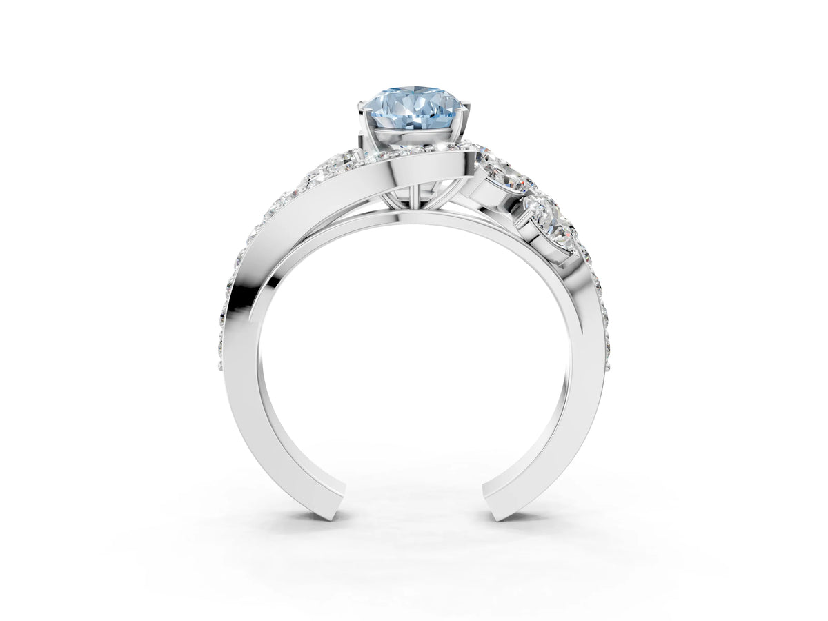 Fancy Blue Pear Cut Diamond Halo Ring in White gold with Marquise and Pavé Band in Prong Setting_3