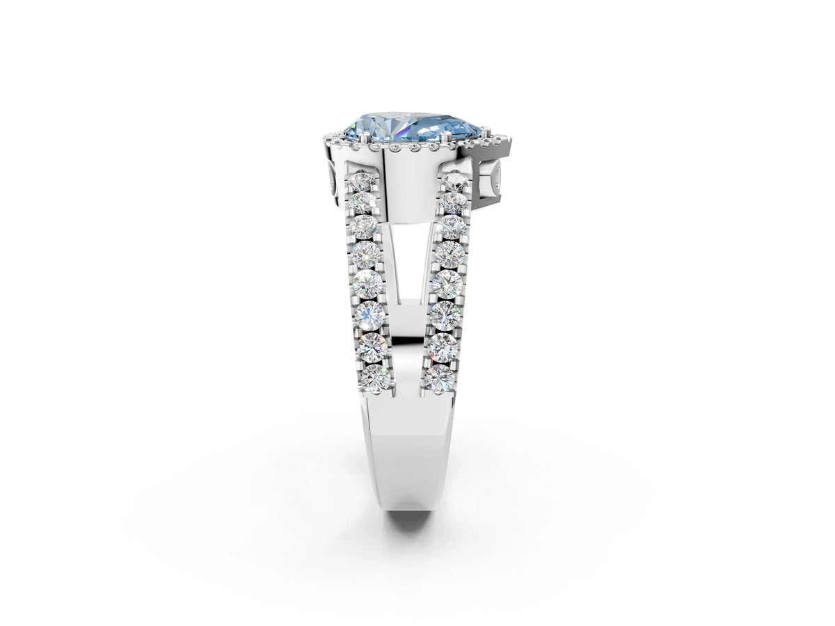 Fancy Blue Pear Cut Diamond Halo Ring in White gold with Split Shank Band and Prong Setting_2