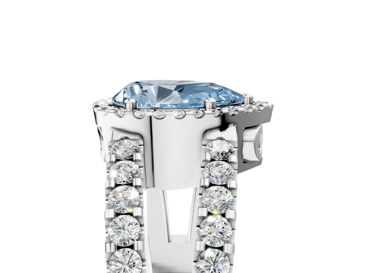 Fancy Blue Pear Cut Diamond Halo Ring in White gold with Split Shank Band and Prong Setting_5