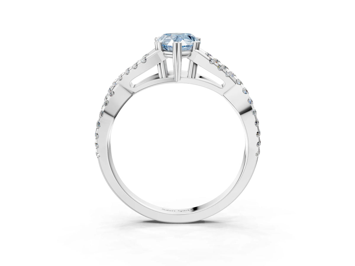 Fancy Blue Pear Cut Diamond Solitaire Ring in White gold with Interwoven Pavé Band and Prong Setting_3