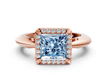 Fancy Blue Princess Cut Diamond Halo Engagement Ring in Rose gold with Plain Split Shank and Prong Setting