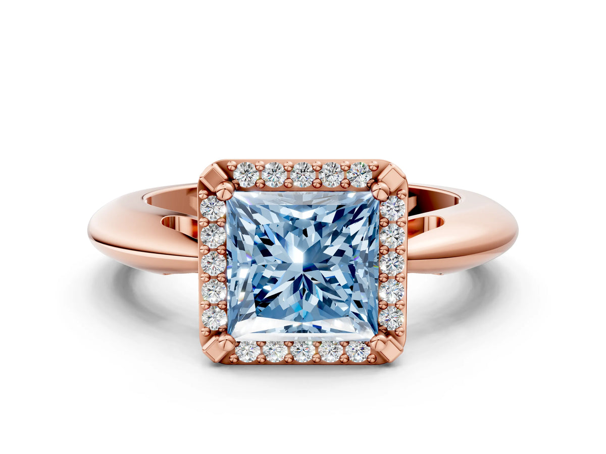 Fancy Blue Princess Cut Diamond Halo Engagement Ring in Rose gold with Plain Split Shank and Prong Setting