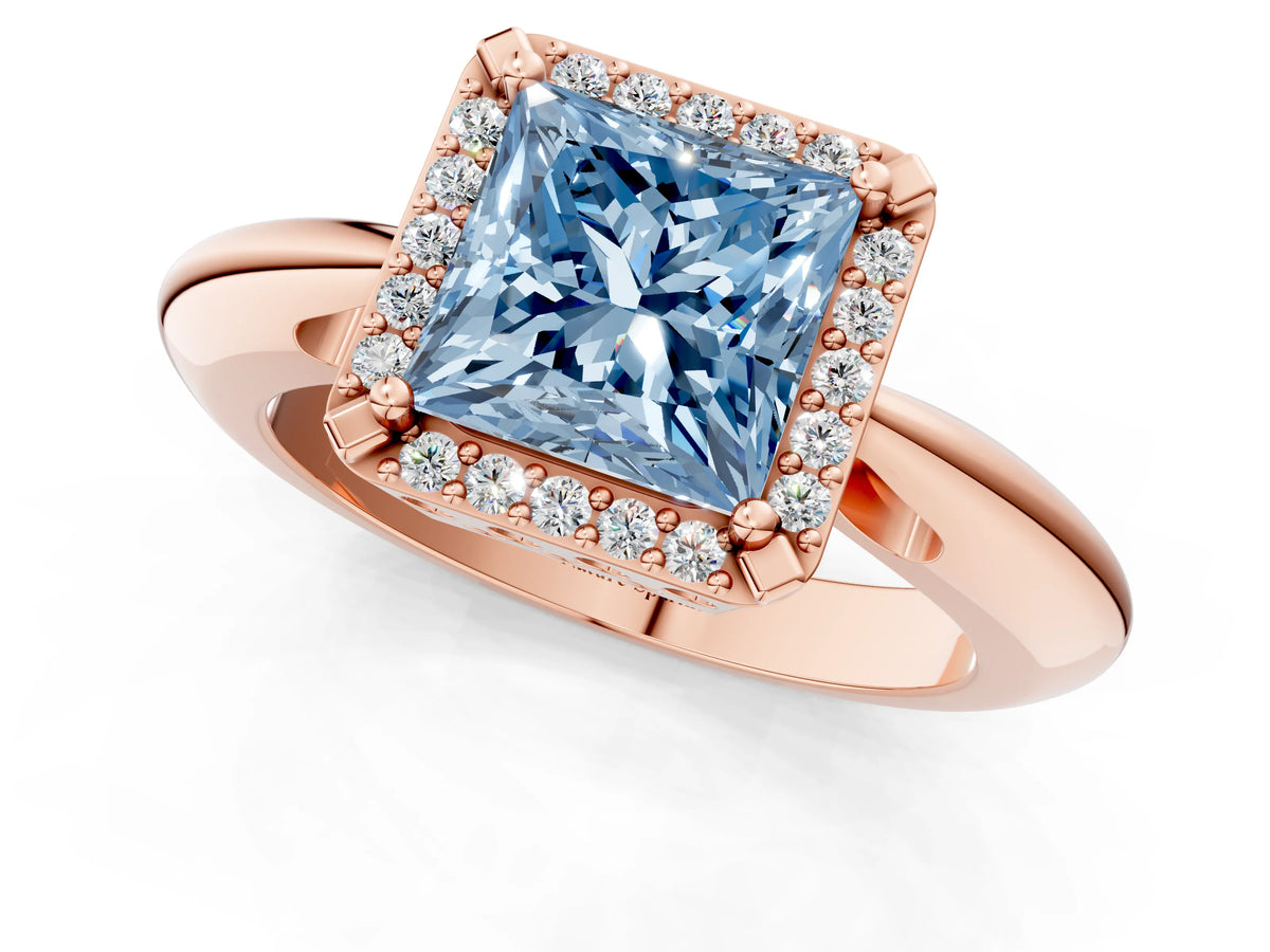 Fancy Blue Princess Cut Diamond Halo Engagement Ring in Rose gold with Plain Split Shank and Prong Setting_1