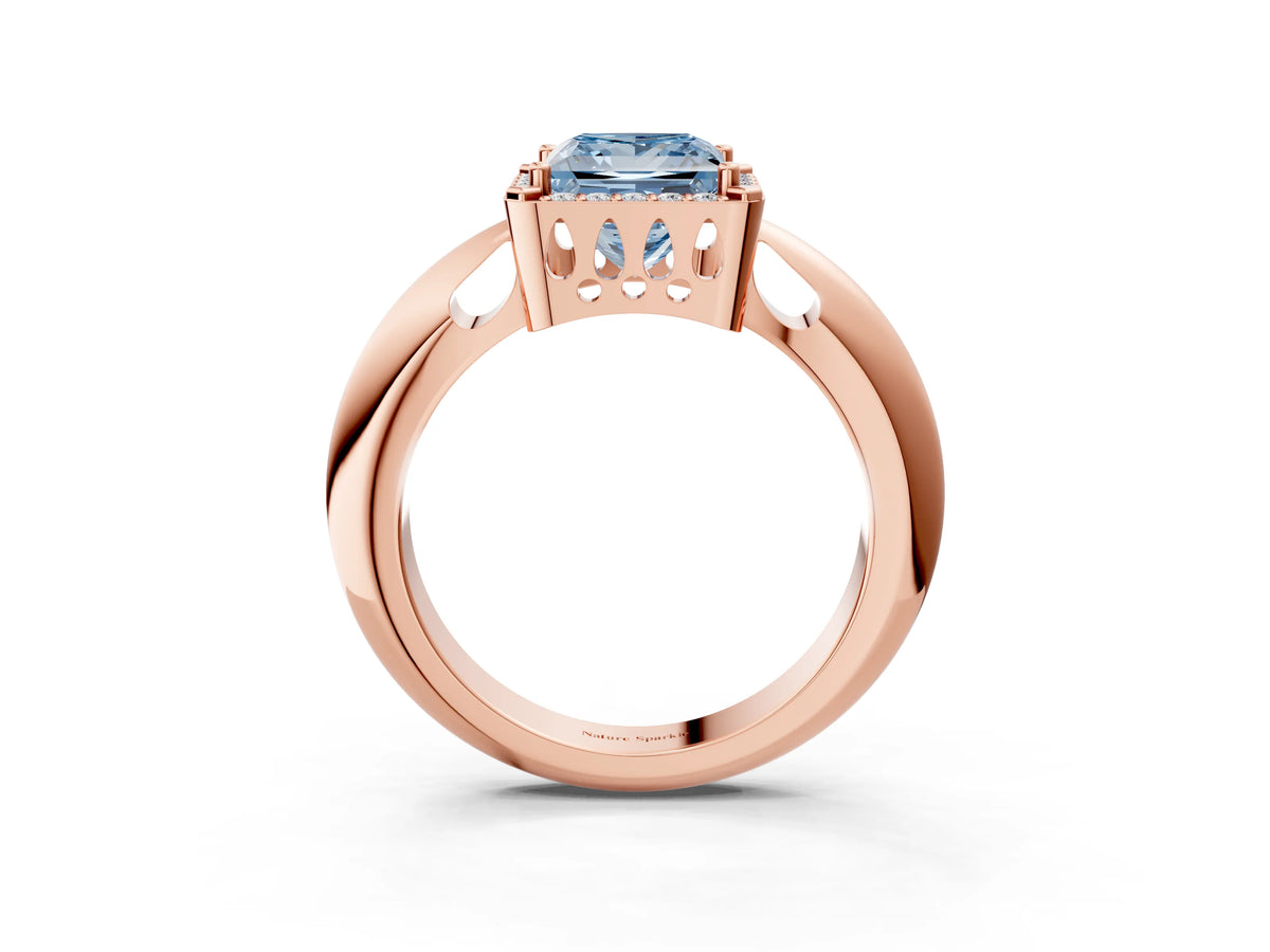 Fancy Blue Princess Cut Diamond Halo Engagement Ring in Rose gold with Plain Split Shank and Prong Setting_3