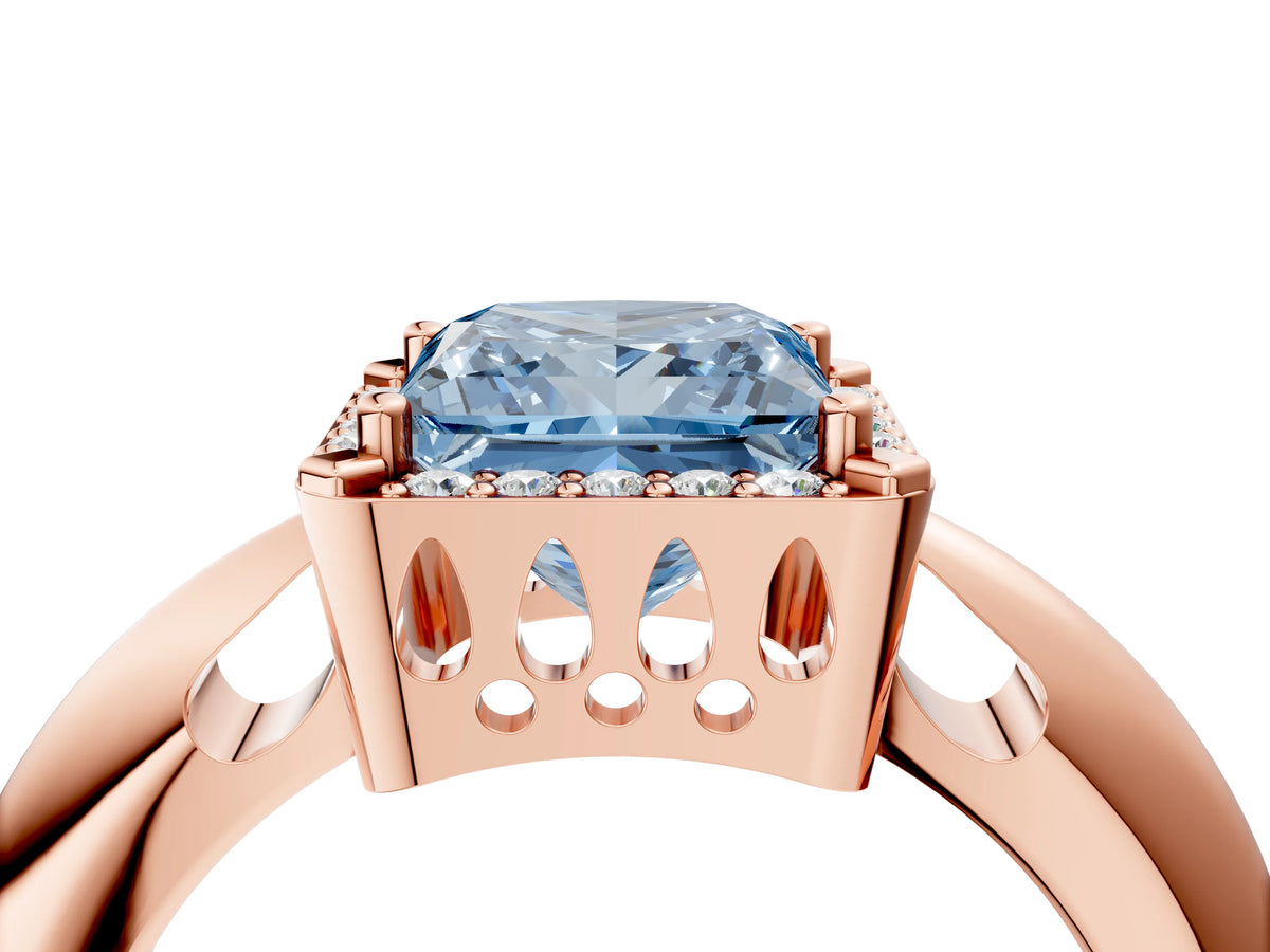 Fancy Blue Princess Cut Diamond Halo Engagement Ring in Rose gold with Plain Split Shank and Prong Setting_4