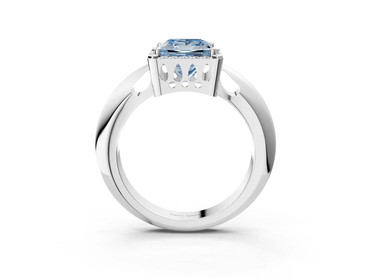 Fancy Blue Princess Cut Diamond Halo Engagement Ring in Silver with Plain Split Shank and Prong Setting_15