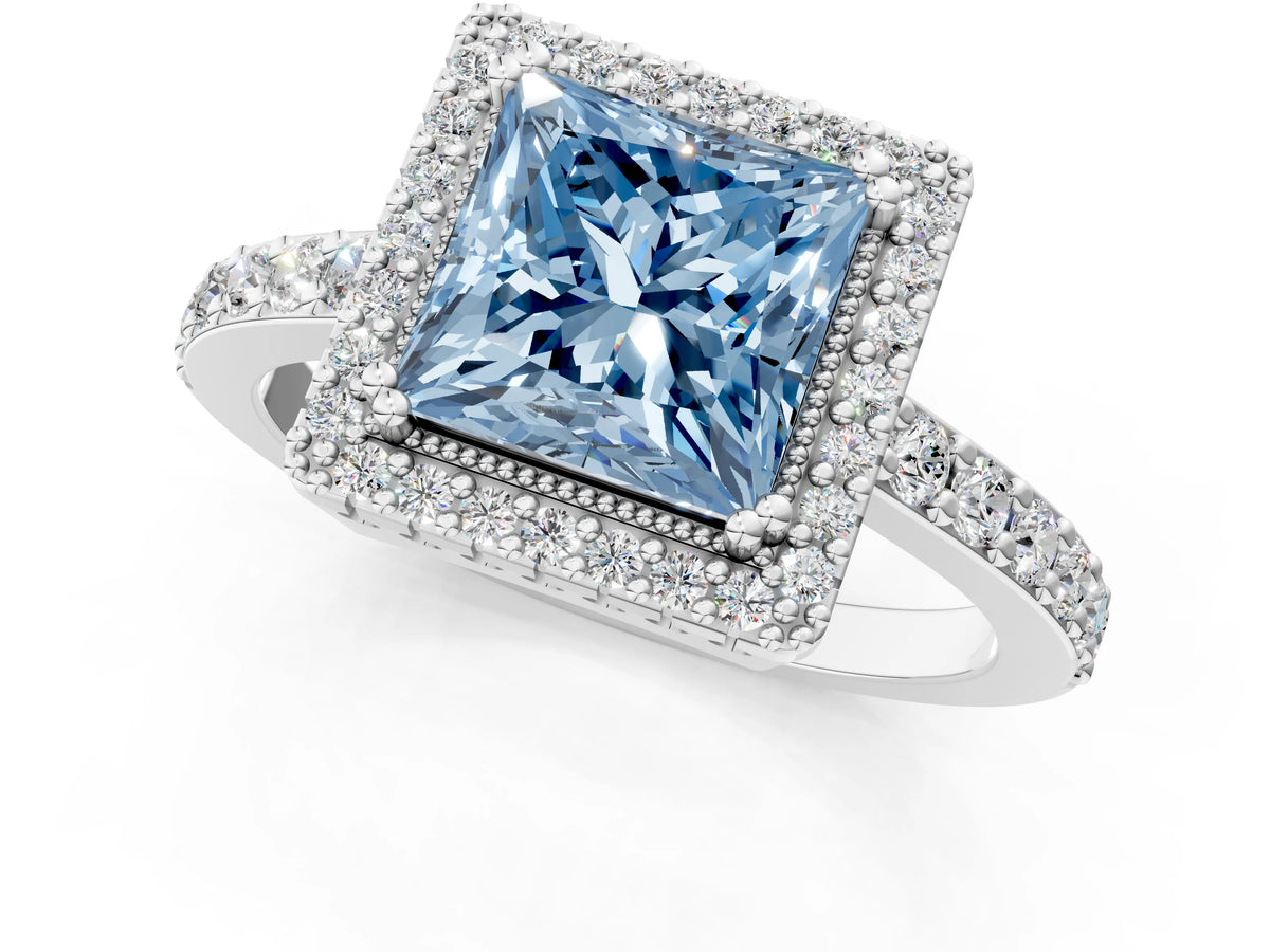Fancy Blue Princess Cut Diamond Halo Engagement Ring in White gold with Milgrain Detail and Pavé Band_1