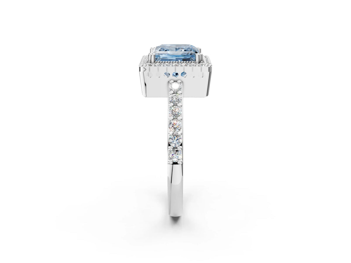 Fancy Blue Princess Cut Diamond Halo Engagement Ring in White gold with Milgrain Detail and Pavé Band_2
