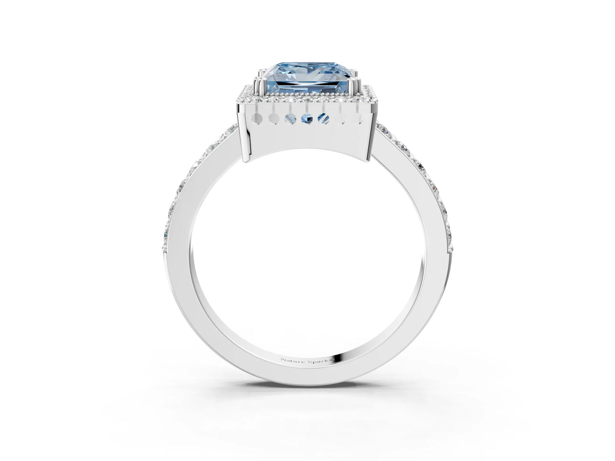 Fancy Blue Princess Cut Diamond Halo Engagement Ring in White gold with Milgrain Detail and Pavé Band_3