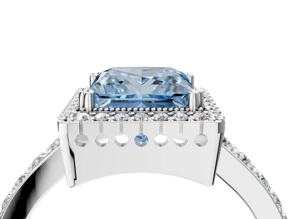 Fancy Blue Princess Cut Diamond Halo Engagement Ring in White gold with Milgrain Detail and Pavé Band_4