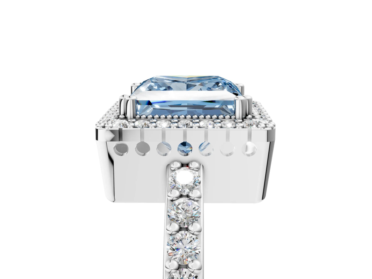 Fancy Blue Princess Cut Diamond Halo Engagement Ring in White gold with Milgrain Detail and Pavé Band_5