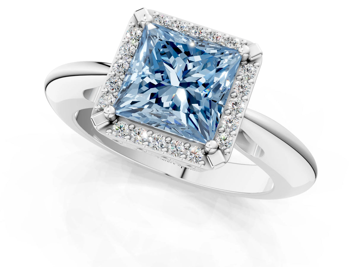 Fancy Blue Princess Cut Diamond Halo Engagement Ring in White gold with Plain Split Shank and Prong Setting_1