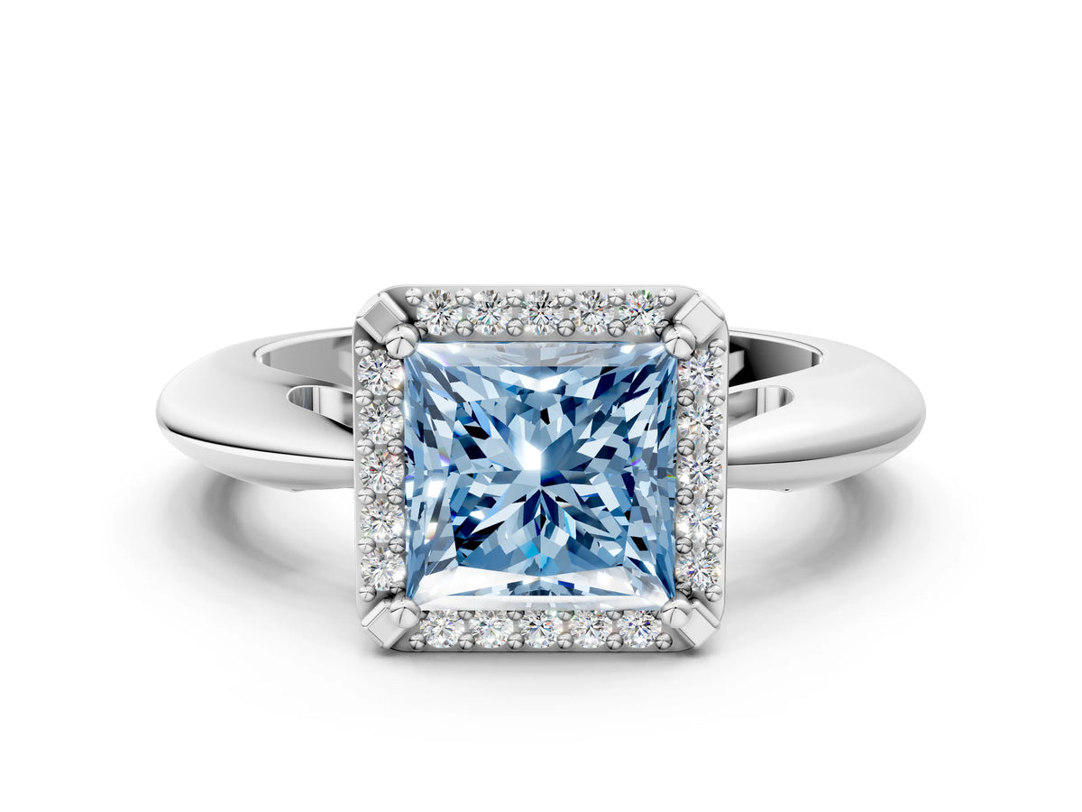 Fancy Blue Princess Cut Diamond Halo Engagement Ring in White gold with Plain Split Shank and Prong Setting