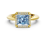 Fancy Blue Princess Cut Diamond Halo Engagement Ring in Yellow gold with Plain Split Shank and Prong Setting