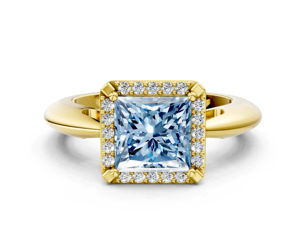 Fancy Blue Princess Cut Diamond Halo Engagement Ring in Yellow gold with Plain Split Shank and Prong Setting
