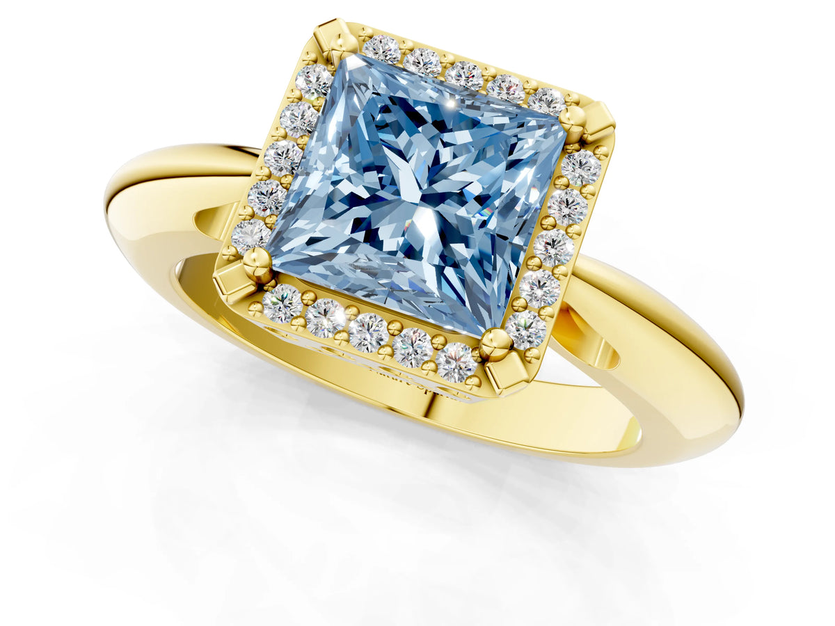 Fancy Blue Princess Cut Diamond Halo Engagement Ring in Yellow gold with Plain Split Shank and Prong Setting_1