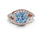 Fancy Blue Princess Cut Diamond Halo Ring in Rose gold with Marquise and Pavé Band in Prong Setting