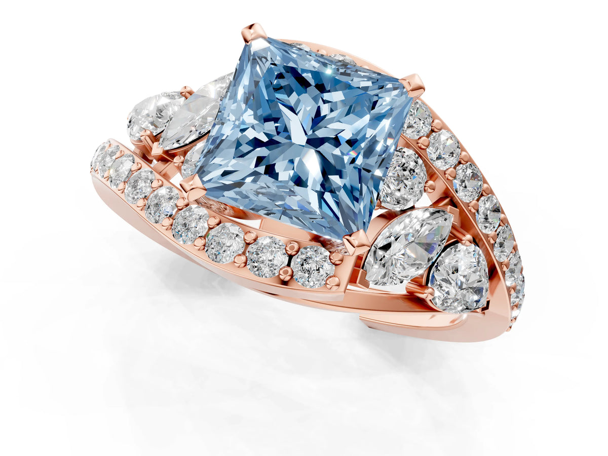 Fancy Blue Princess Cut Diamond Halo Ring in Rose gold with Marquise and Pavé Band in Prong Setting_1