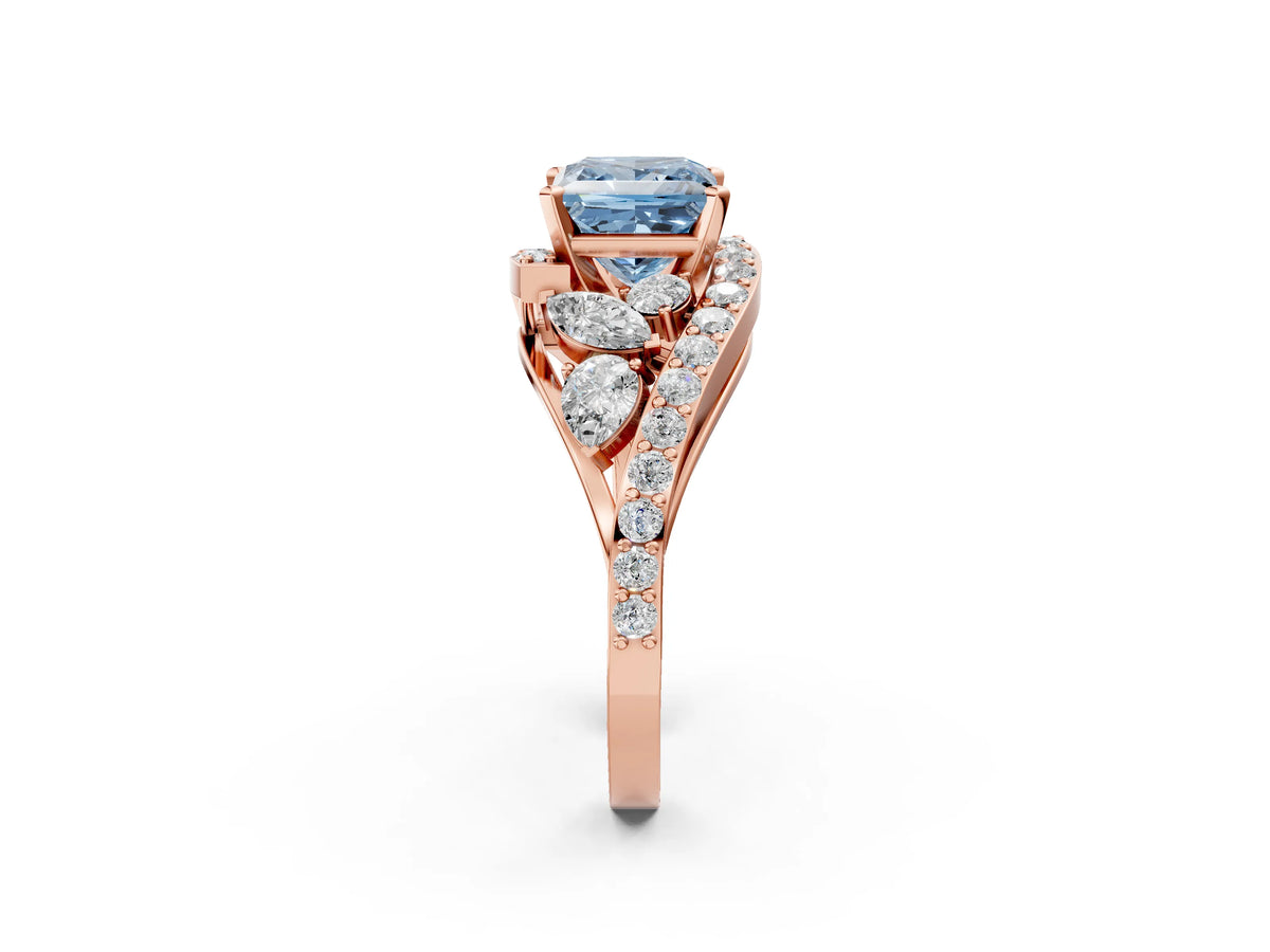 Fancy Blue Princess Cut Diamond Halo Ring in Rose gold with Marquise and Pavé Band in Prong Setting_2