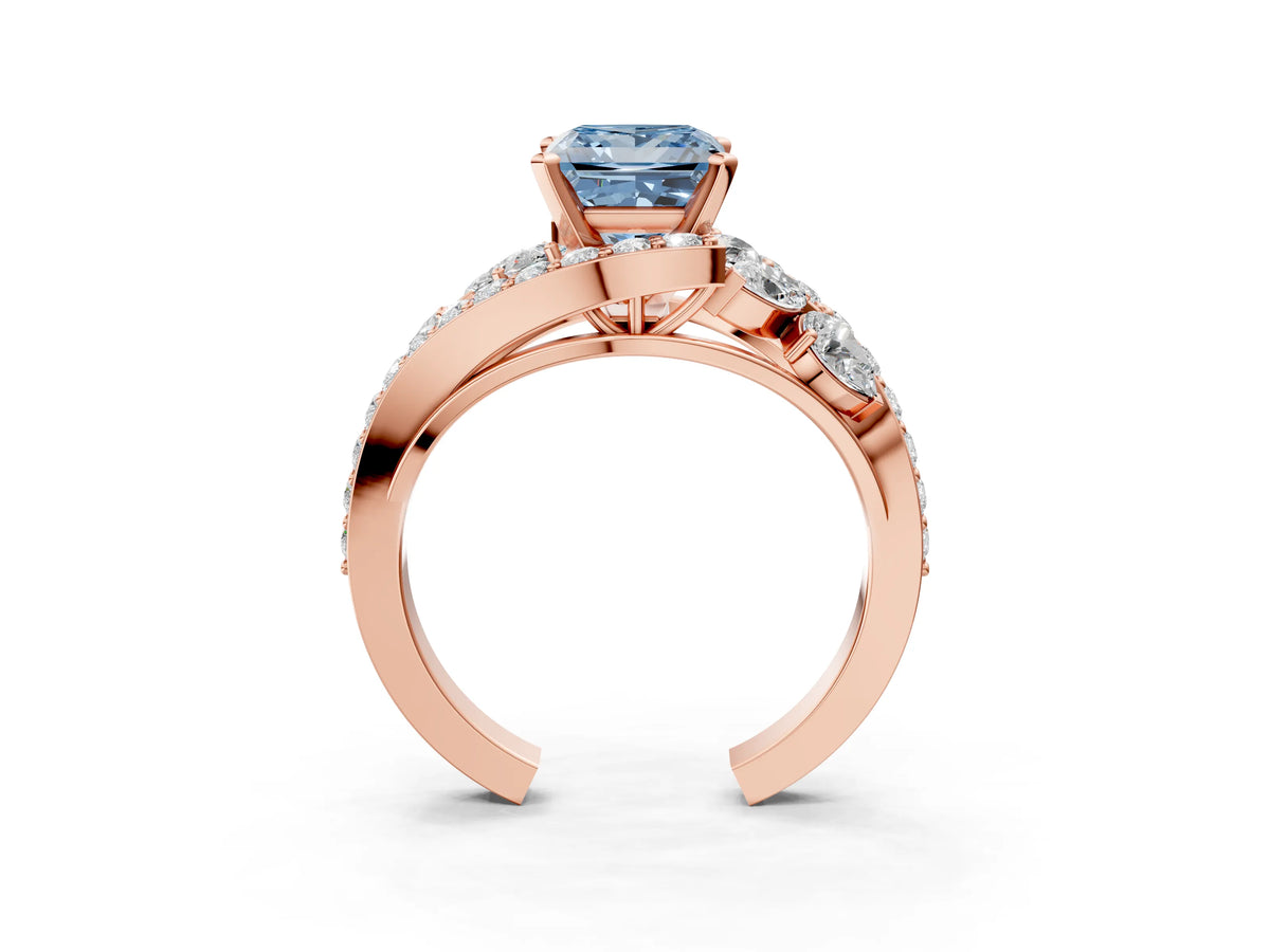 Fancy Blue Princess Cut Diamond Halo Ring in Rose gold with Marquise and Pavé Band in Prong Setting_3