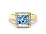 Fancy Blue Princess Cut Diamond Halo Ring in Yellow gold with Cathedral Band and Prong Setting