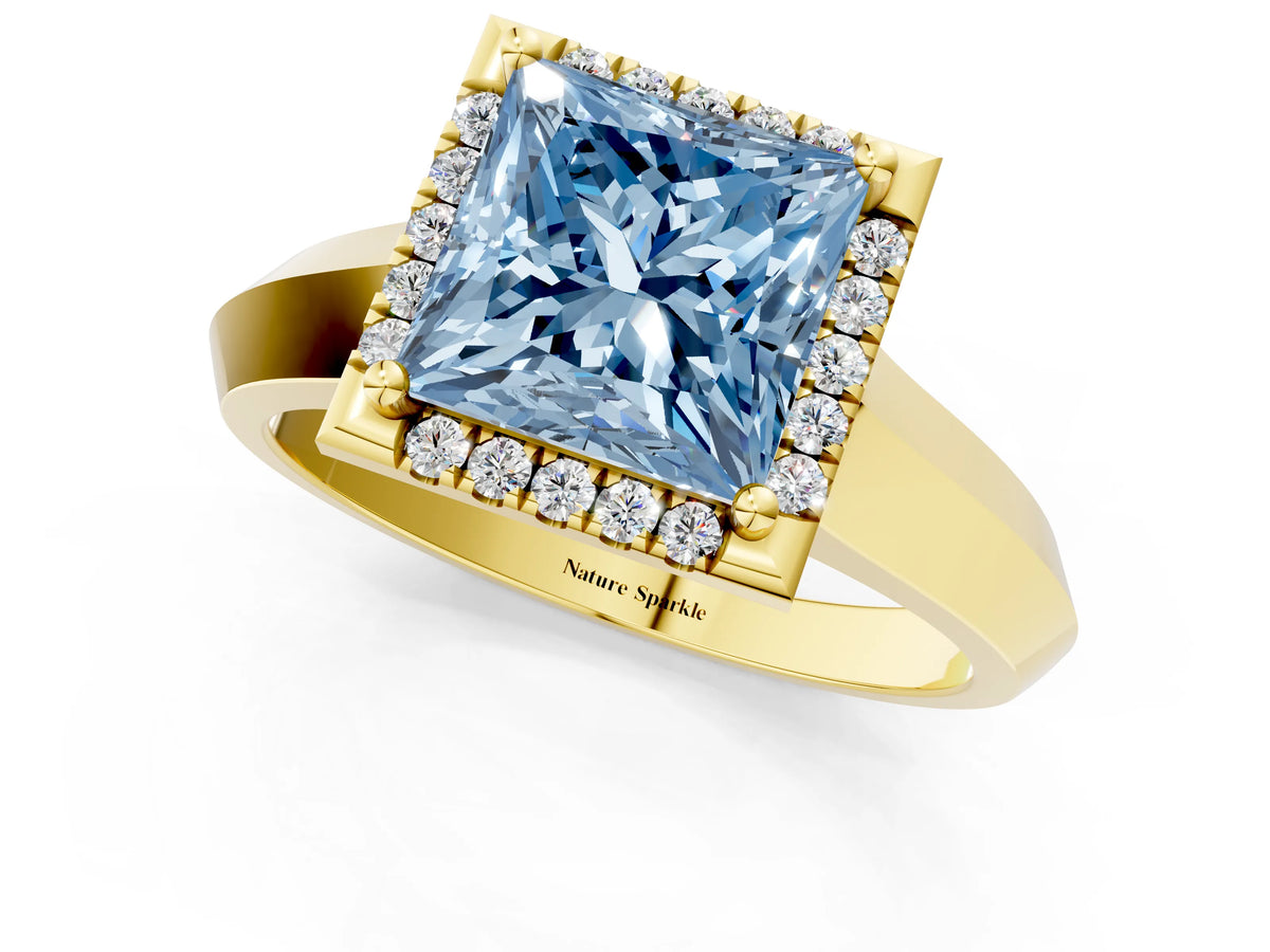 Fancy Blue Princess Cut Diamond Halo Ring in Yellow gold with Cathedral Band and Prong Setting_1