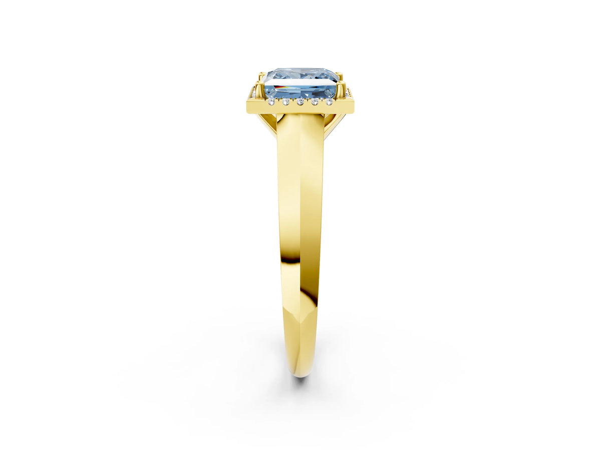 Fancy Blue Princess Cut Diamond Halo Ring in Yellow gold with Cathedral Band and Prong Setting_2