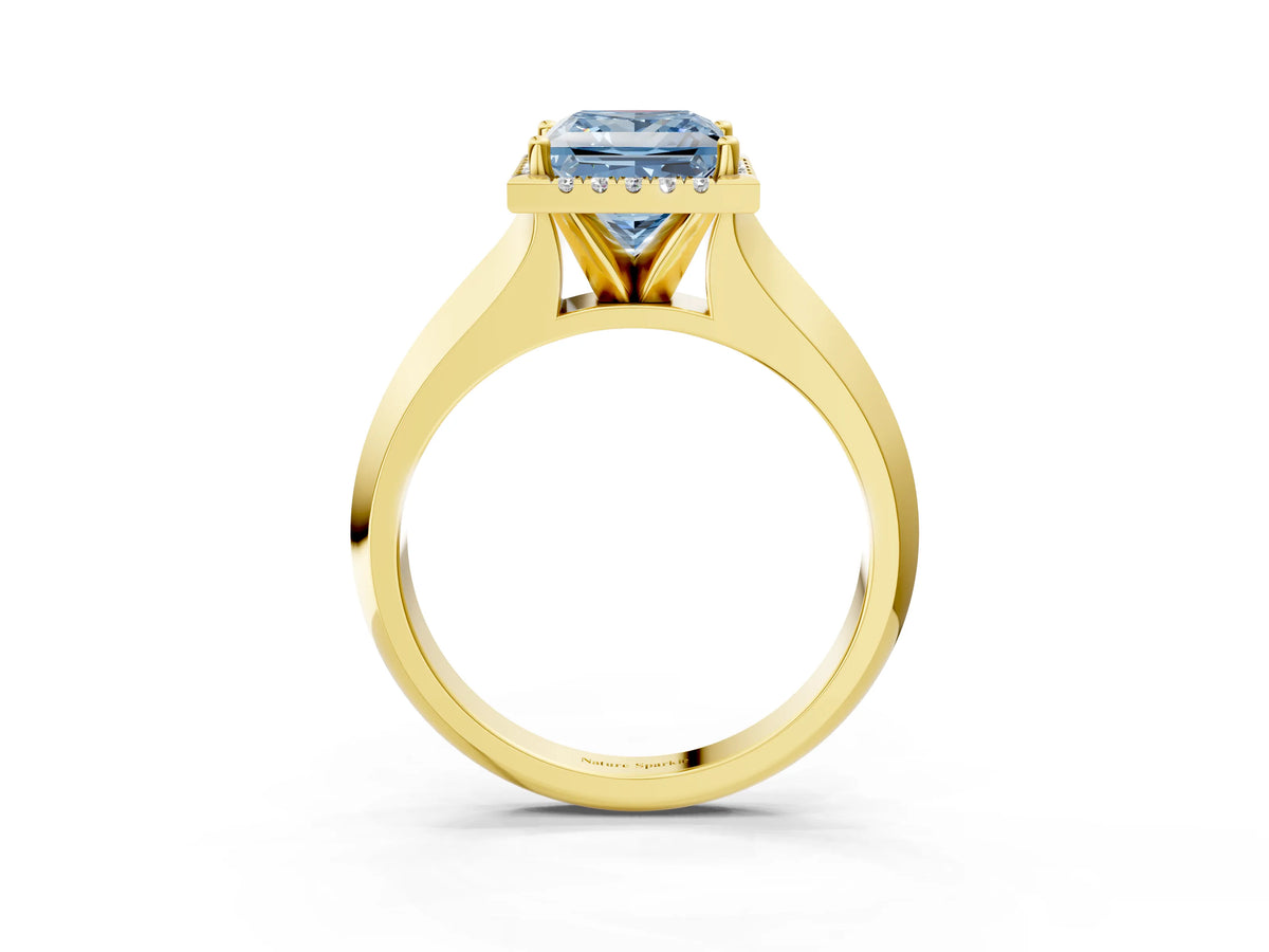 Fancy Blue Princess Cut Diamond Halo Ring in Yellow gold with Cathedral Band and Prong Setting_3
