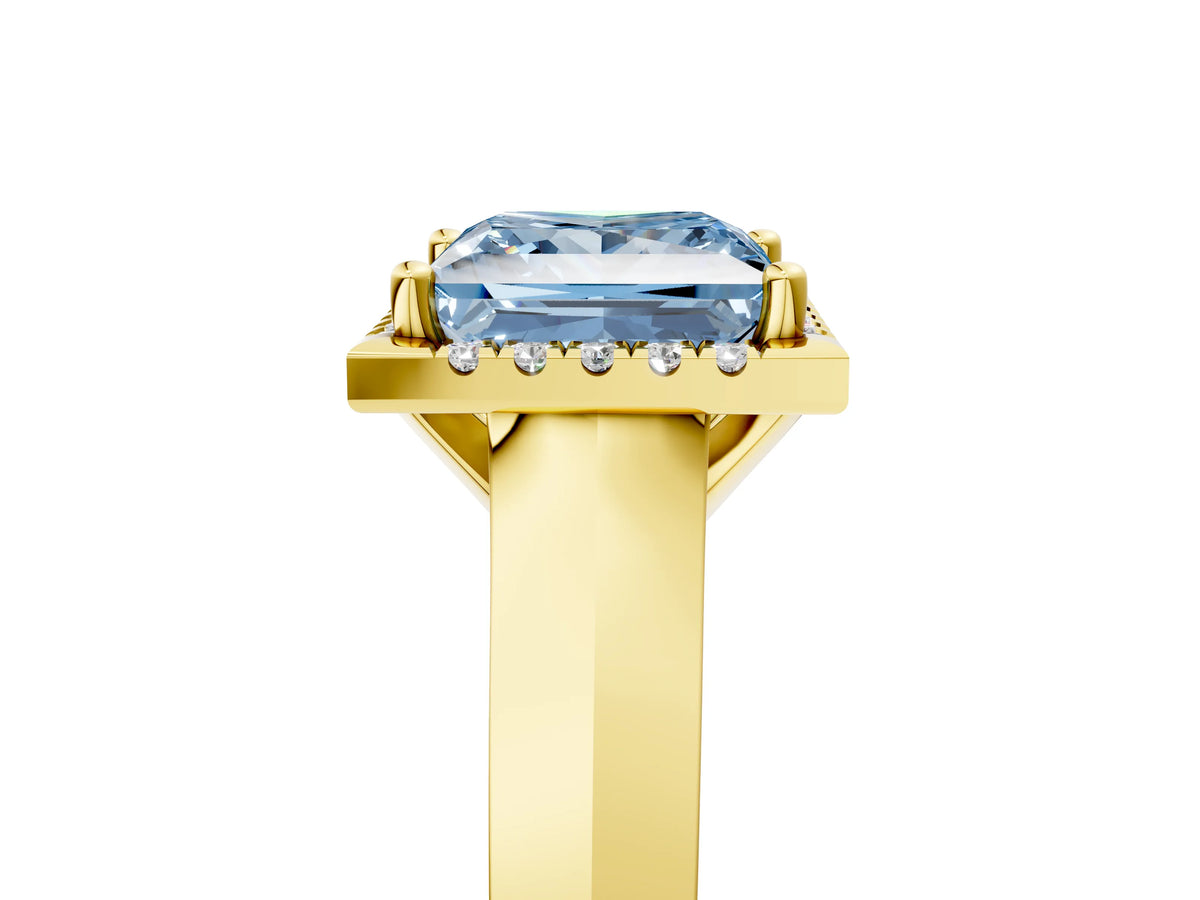 Fancy Blue Princess Cut Diamond Halo Ring in Yellow gold with Cathedral Band and Prong Setting_5